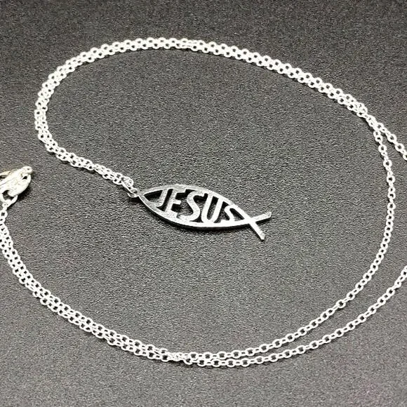 925 Sterling Silver Necklace w/ Jesus Fish Christian Bible Anniversary Birthday